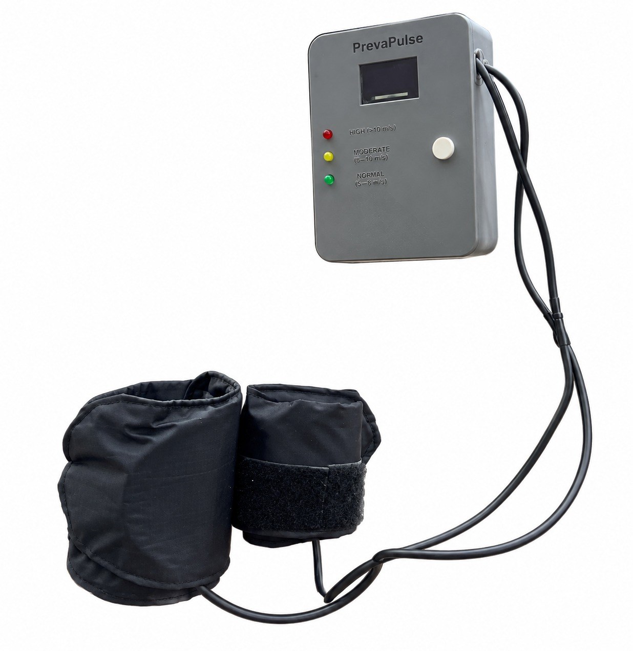PrevaPulse device with two arm wraps and an OLED display showing HIGH, MODERATE, and NORMAL risk LEDs
